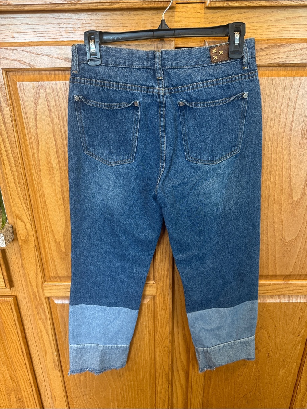 105 POL Size S Two Tone Patchwork Denim Cropped Jeans Raw Hem High Rise - Picture 6 of 7